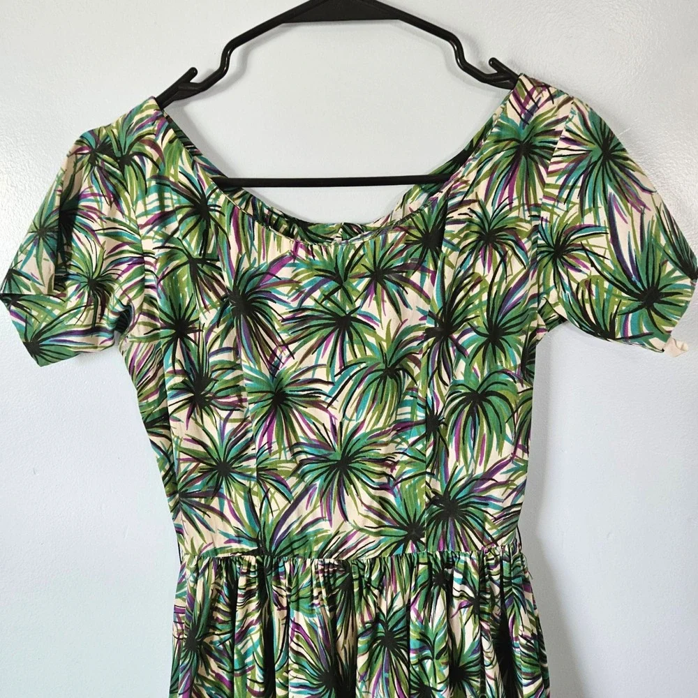 Anne Fogarty Vtg 50s 60s Tropical Palm Leaf Hawaiian Fit Flare Dress Green XS - Picture 3 of 8